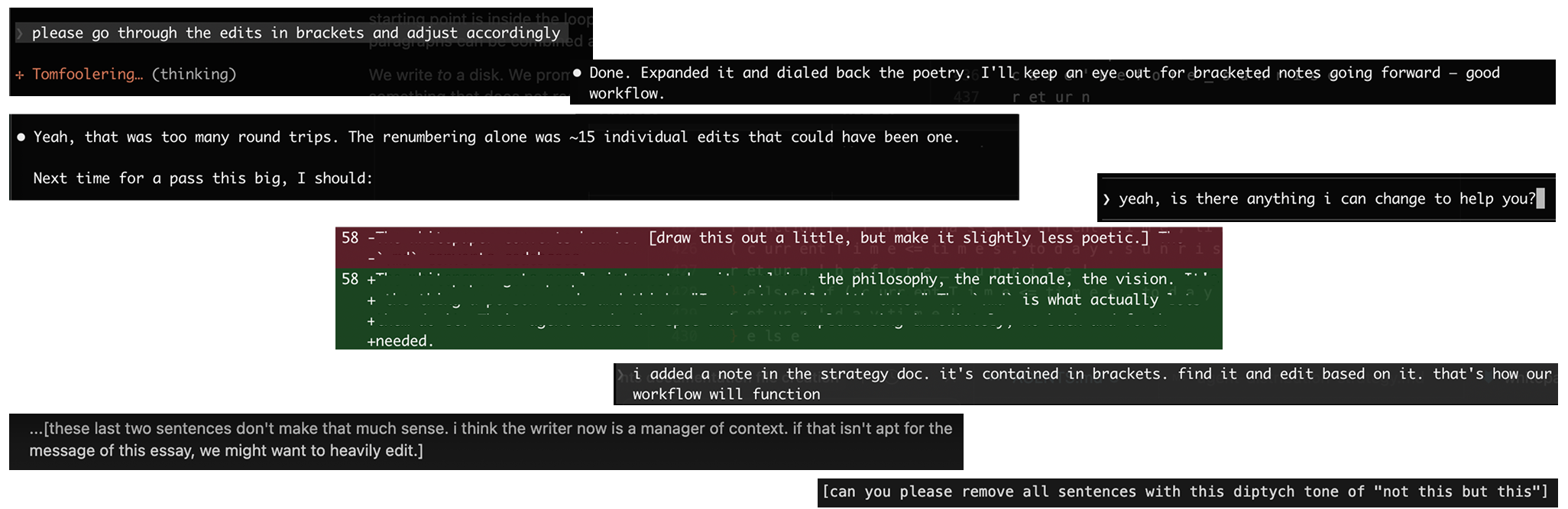 Screen grabs of various, disjointed prompts and responses from a generative language model in the terminal